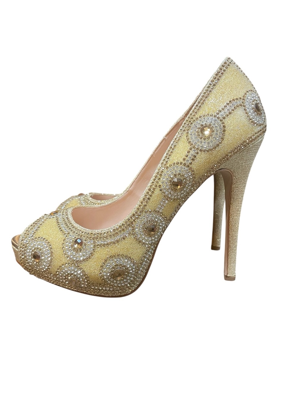 Lauren Lorraine Elenor Crystal & Rhinestone Gold Bling Peep Toe Pumps Sz 7.5